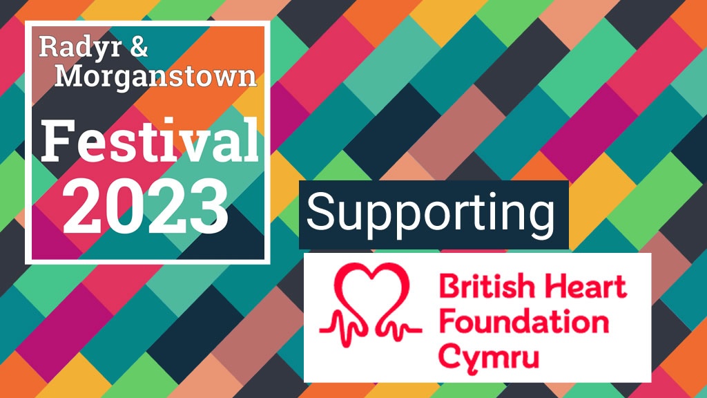 RMFestival supporting BHF Wales. Logos on a background of coloured blocks